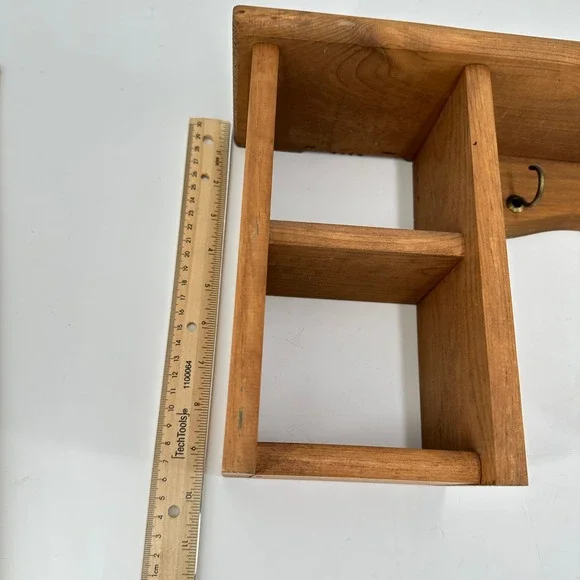 VTG Handmade Rustic Wooden Wall Shelf with 4 Cubbies and 2 Brass Key Hooks Brown - Picture 9 of 10